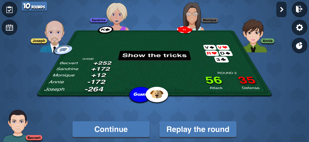 French-Tarot - Un écran de jeu de Tarot Français à 5 joueurs montrant les scores de la manche et les avatars des joueurs à une table de cartes virtuelle