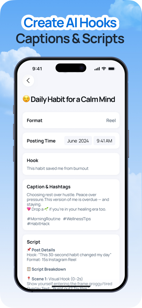 Trendy Profile Tracker & Boost - ソーシャルメディアリールのためのフック、キャプション、スクリプトを含むAI生成コンテンツプランを表示するTrendyアプリインターフェース