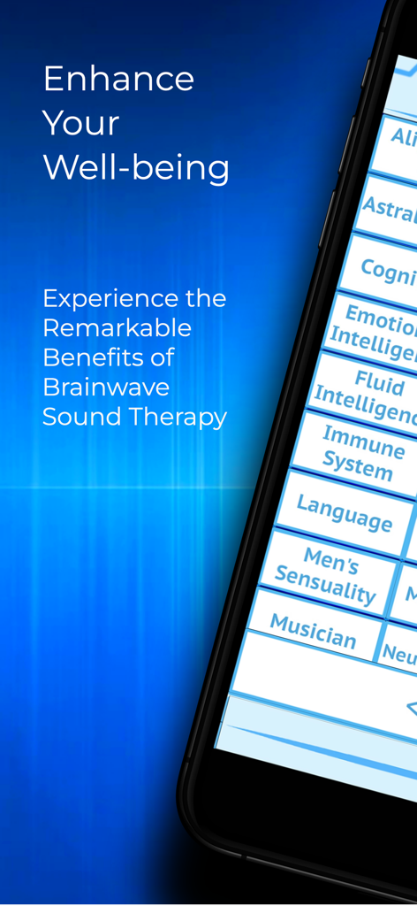 Captura de tela do aplicativo Vital Tones Performance mostrando vários módulos de terapia sonora de ondas cerebrais para aprimoramento cognitivo e de bem-estar.