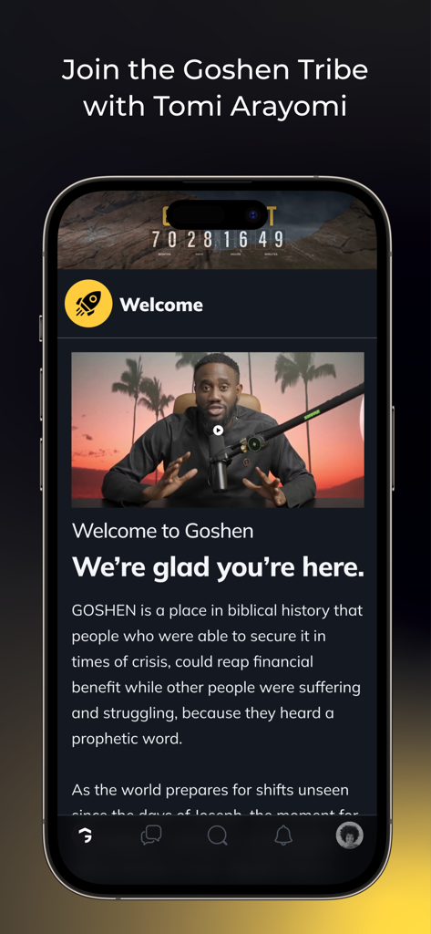 Goshen - Goshen app welcome screen featuring Tomi Arayomi and introductory text about kingdom entrepreneurship
