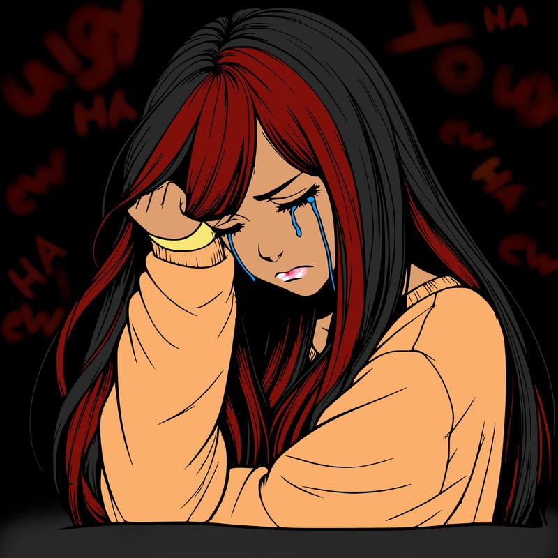 realistic depressed girl with long hair crying