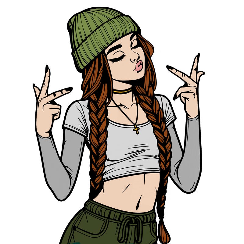 realistic teenage girl with braids and a beanie and crop top doing 🫶🏼