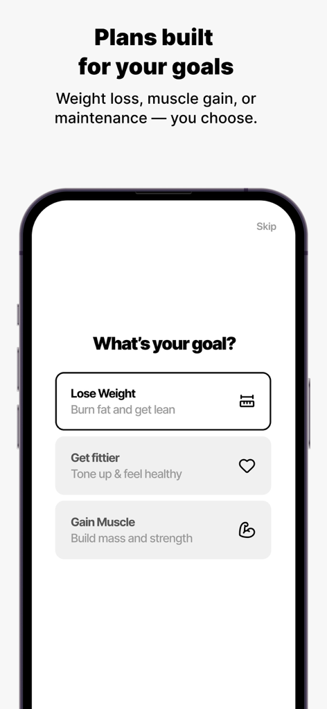 Calories Club: AI Food Tracker - 칼로리 클럽 앱 화면에서 사용자가 체중 감량 또는 근육 증가와 같은 피트니스 목표를 선택하도록 요청