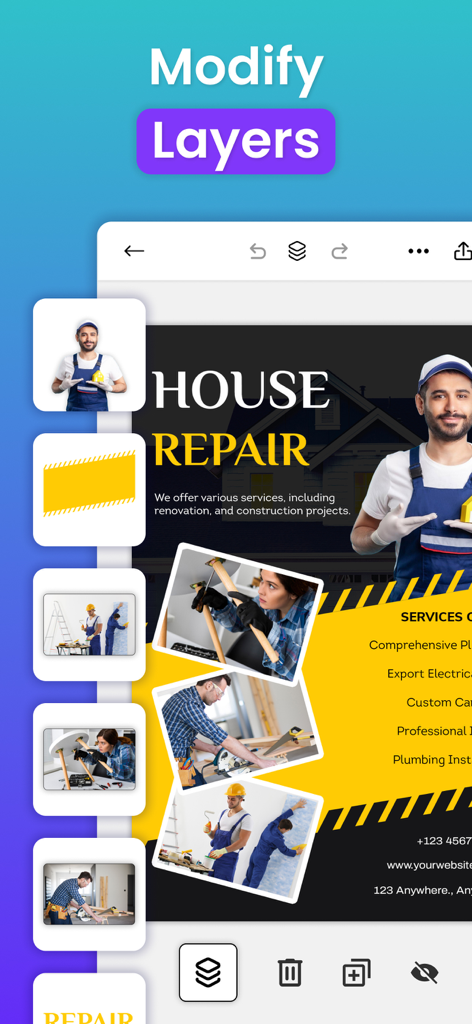 Canvas AIアプリで住宅修繕チラシのレイヤー修正機能を示す画面