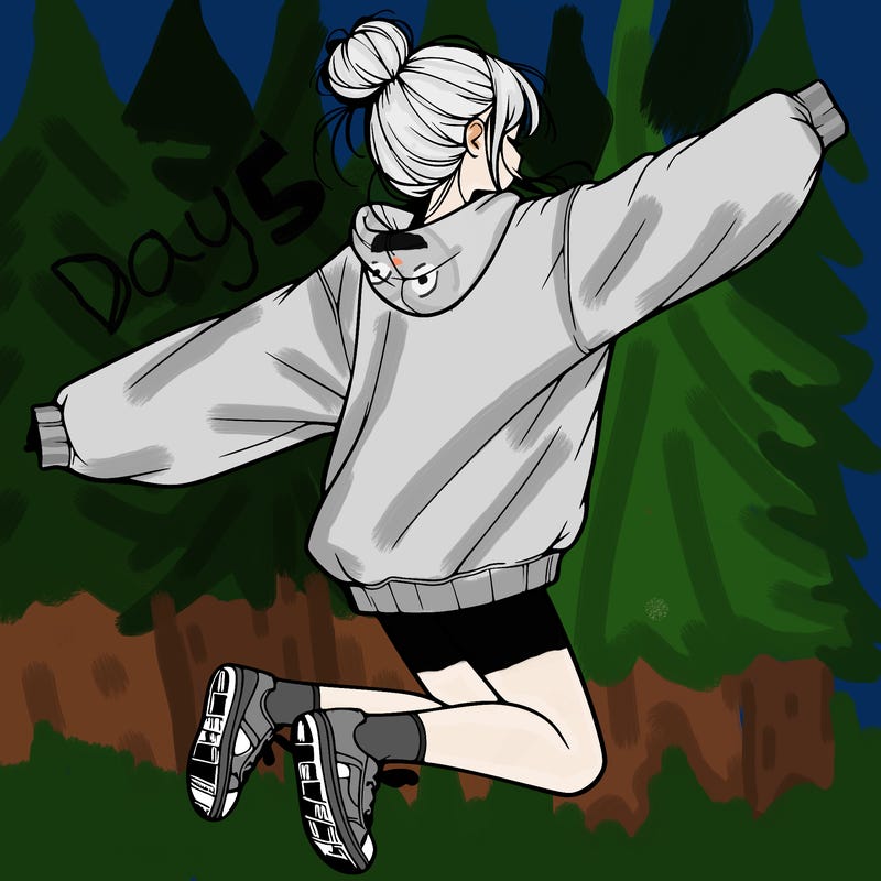 realistic girl jumping with a bun and oversized sweatshirt