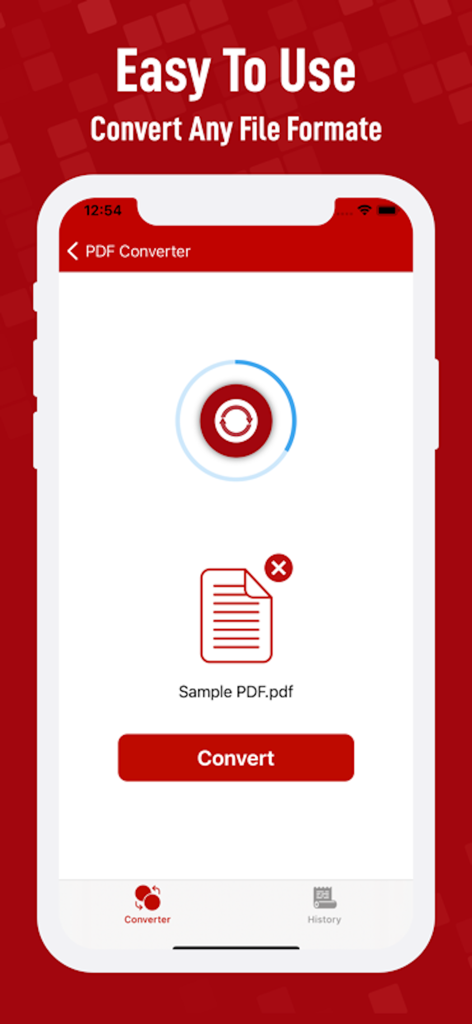 PDF Converter -‎‎ Pdf to Word - Screenshot of the PDF Converter app showing a simple user interface with a sample file selected and a red convert button