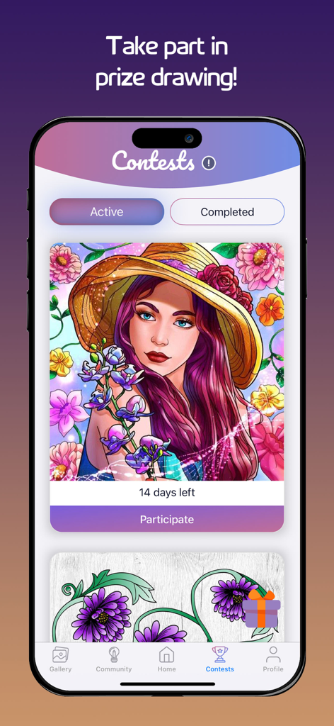 ColorRing・Adult Coloring Book - Adult coloring book app contest screen with prize drawing and art submission