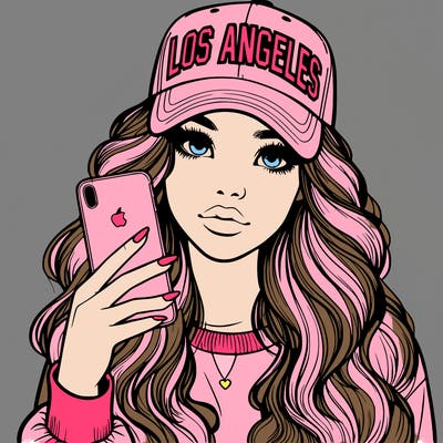 realistic beautiful girl wearing los ángeles cap holding an iphone