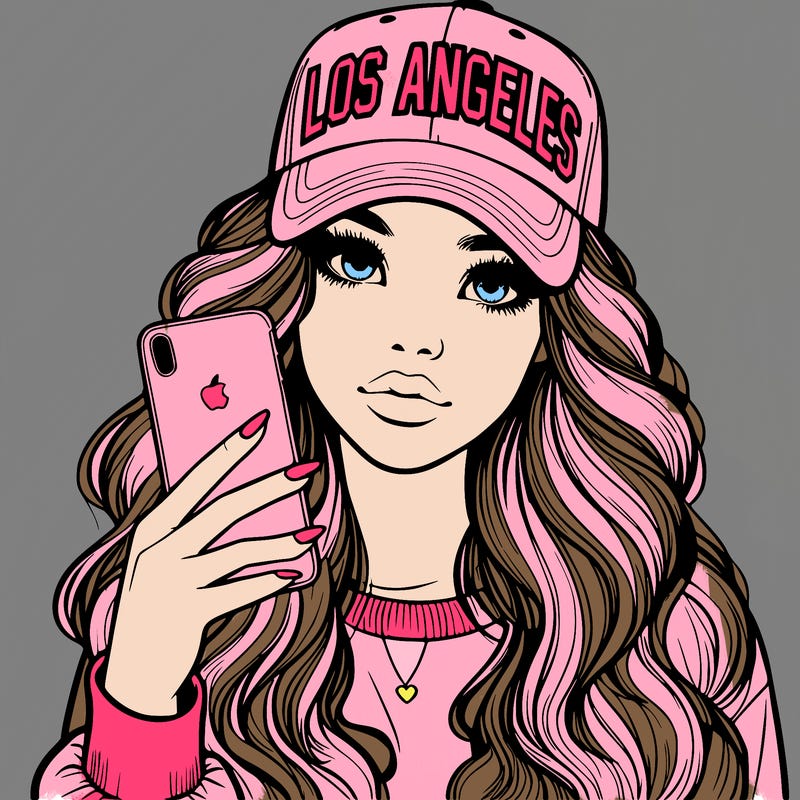 realistic beautiful girl wearing los ángeles cap holding an iphone
