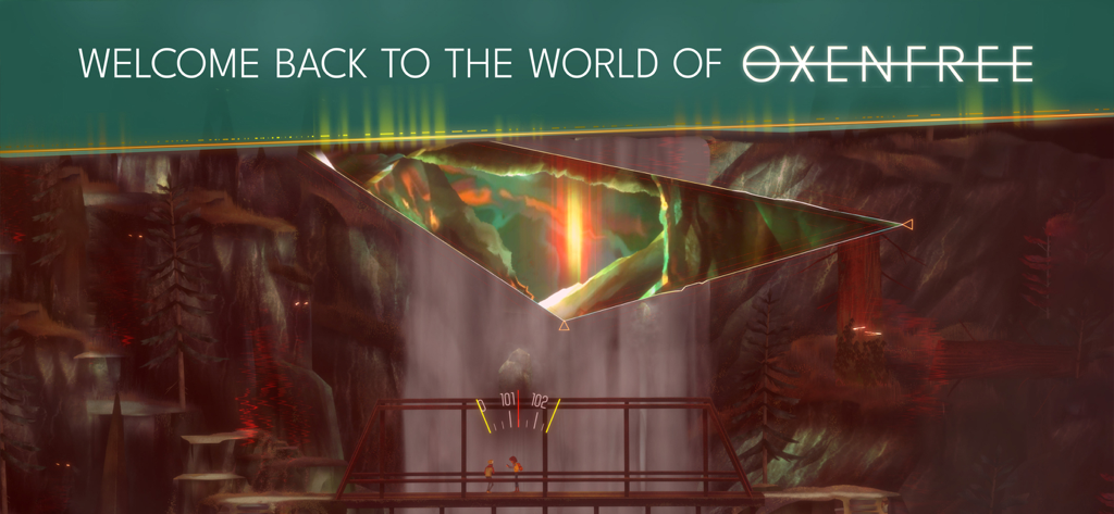 OXENFREE II: Lost Signals - Characters standing on a bridge near a waterfall and a supernatural triangular rift in Oxenfree II.