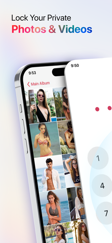 iVault: Hide Photos & Videos - A mobile app interface showing a private photo gallery protected by a numeric passcode lock