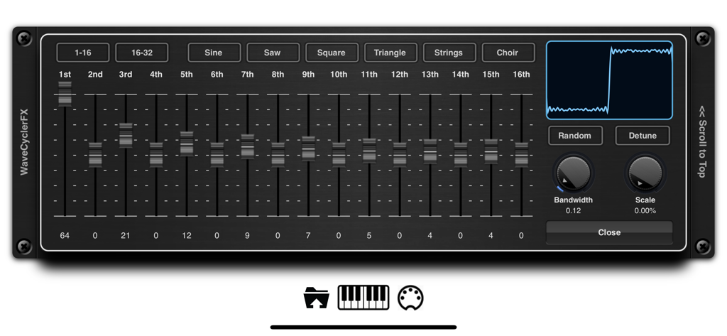 EvolverFX AUv3 Audio Plugin - WaveCycler interface in the EvolverFX app showing harmonic sliders and waveform display
