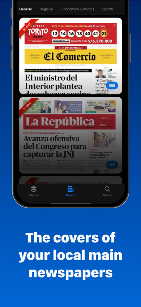 Mobile app interface showing front page covers of major Peruvian newspapers like El Comercio and La Republica