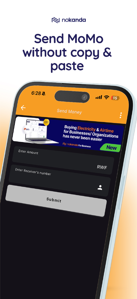 르완다로 모바일 머니를 보내는 Nokanda 앱 화면