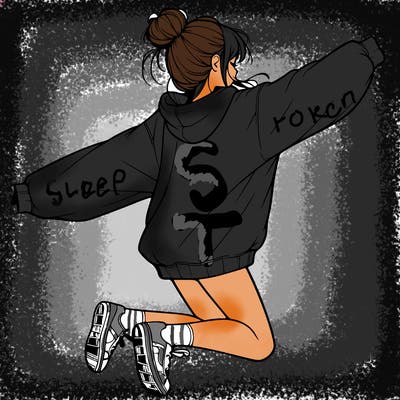 realistic girl jumping with a bun and oversized sweatshirt