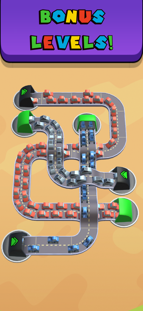 Pipes and Balls - A 3D puzzle screen from Pipes and Balls showing colorful cars on intersecting paths labeled as bonus levels.