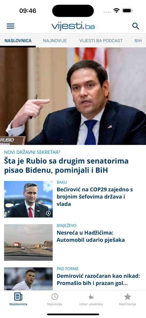 The home screen of the Vijesti.ba news app showing headlines about Bosnia and international politics.