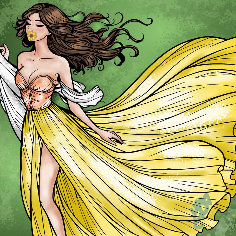 realistic woman in dress flowing the the wind