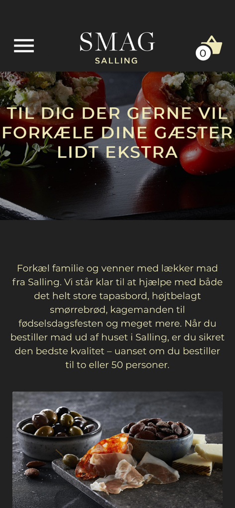Home screen of the SmagSalling app showing gourmet catering options and tapas platters