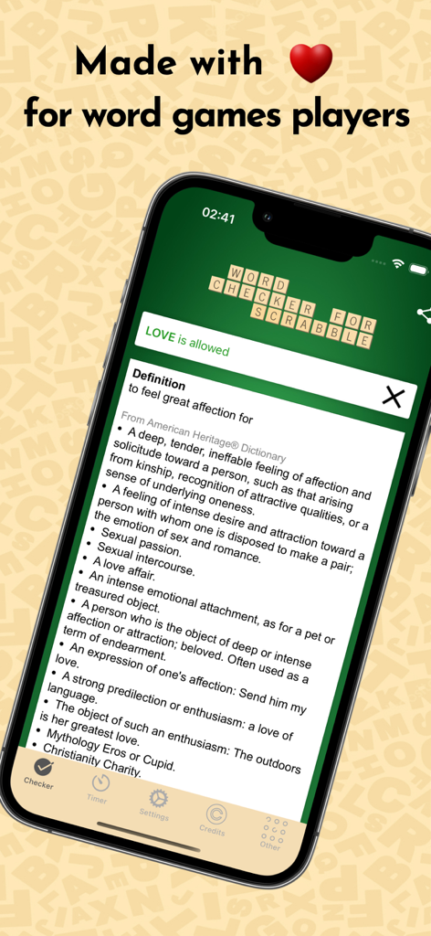 Word Checker for Scrabble app interface showing the definition and validation for the word LOVE