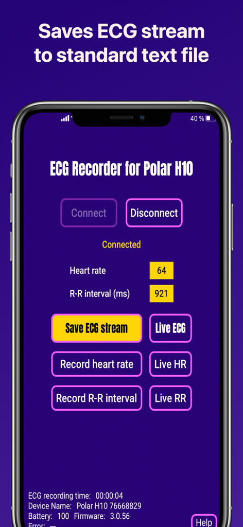 ECG Recorder for Polar H10 - ECG Recorder for Polar H10 app interface showing live heart rate data and recording controls
