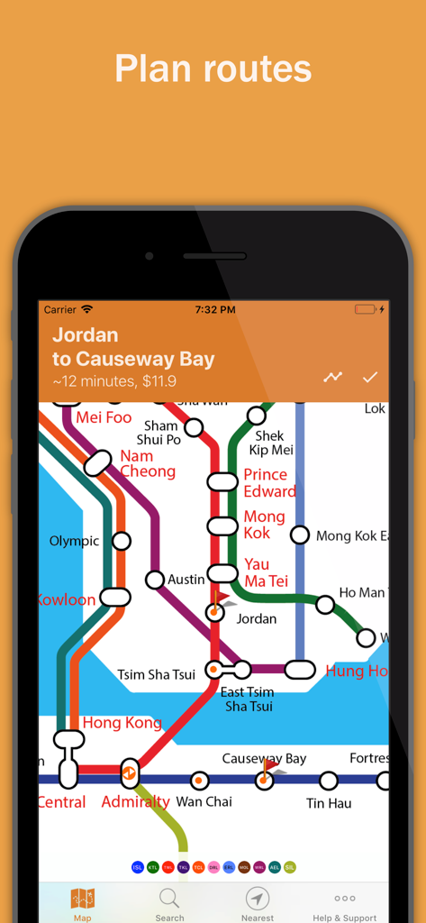 Explore Hong Kong - Explore Hong Kong app route planner showing a subway journey from Jordan to Causeway Bay