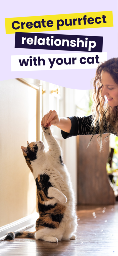 Meowz: Cat Training, Pet Care - A woman training her calico cat with a treat to build a better relationship