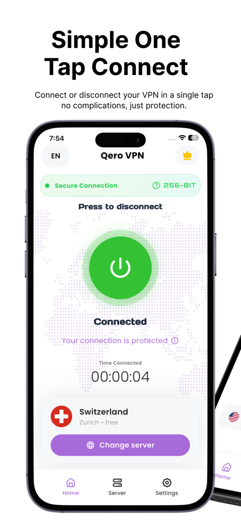 Tela de smartphone mostrando a interface do aplicativo Qero VPN com um grande botão verde indicando uma conexão segura a um servidor na Suíça.
