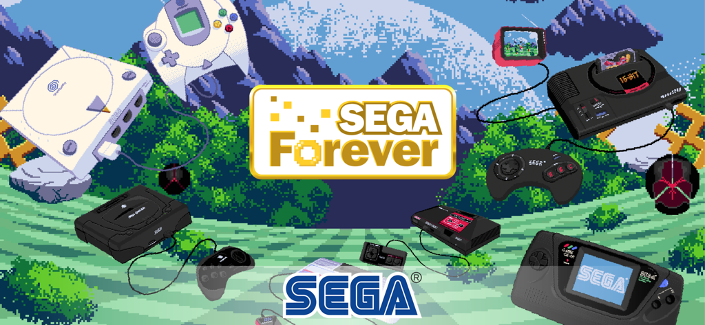 A promotional graphic for the SEGA Forever collection featuring various classic SEGA consoles and the company logo.