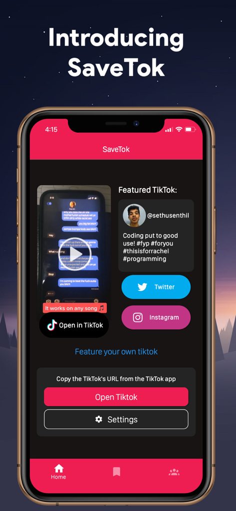 Schermata principale dell'app SaveTok che mostra un video TikTok in primo piano e le opzioni di download