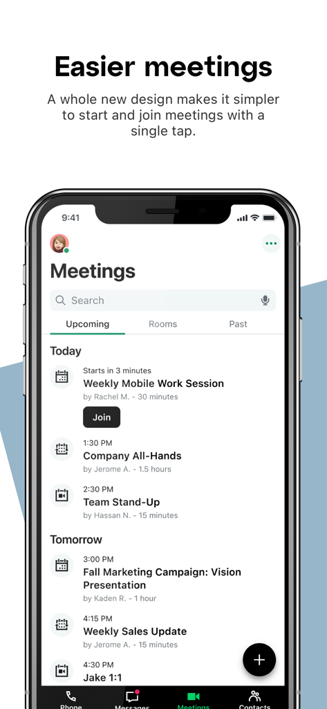Interface de l'application mobile GoTo affichant un calendrier des réunions virtuelles à venir avec un bouton de connexion