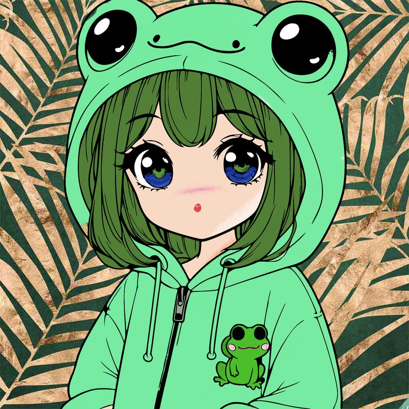 cute realistic girl in a froggy hoodie