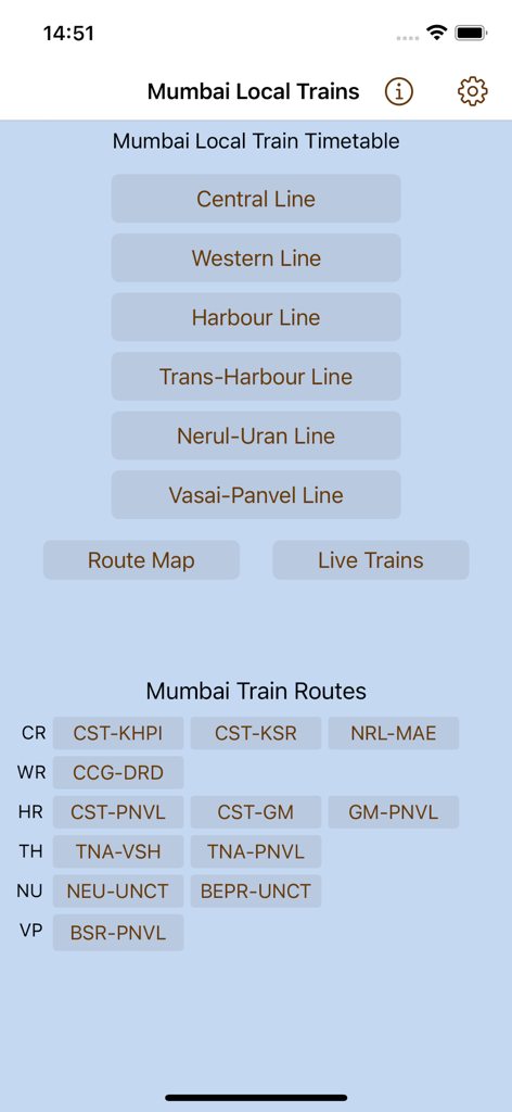 Menu principal do aplicativo Mumbai Local Train Timetable mostrando opções para as linhas ferroviárias Central, Western e Harbour