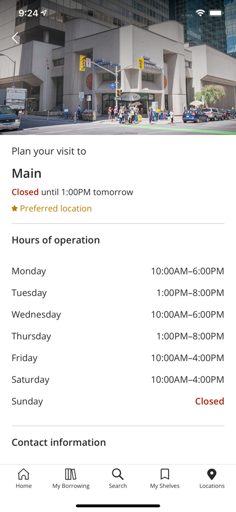 Schermata dell'app mobile che mostra gli orari di apertura e le informazioni sui visitatori per la filiale principale della Biblioteca Pubblica di Ottawa
