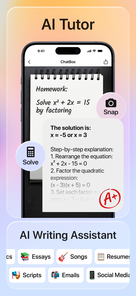 Interface of ChatBox AI showing an AI Tutor solving a math equation and an AI Writing Assistant with options for essays, songs, and resumes.