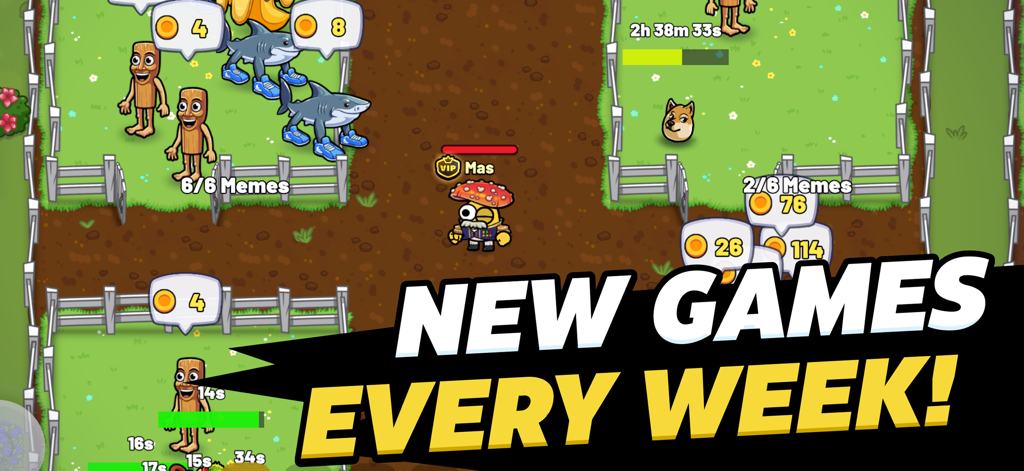 All Out: Play with Friends - Screenshot of All Out mobile game showing the Meme Zoo mode with cartoon characters and the text New Games Every Week