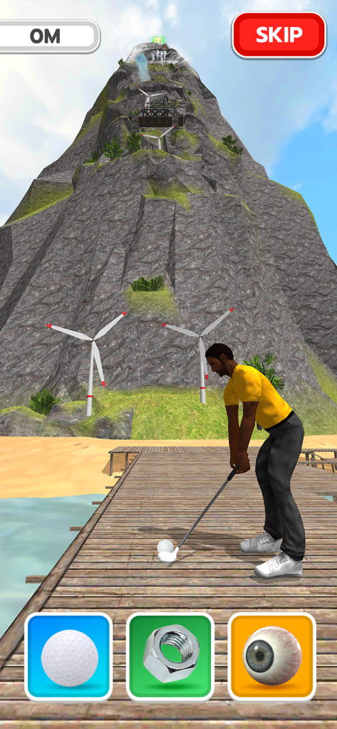 Scoring Champion - 산과 풍력 터빈이 있는 배경의 나무 부두에서 골프공을 칠 준비를 하는 노란색 셔츠의 캐릭터