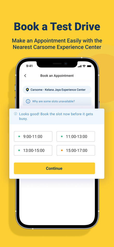 Carsome app screen showing the process of booking a test drive appointment at an experience center