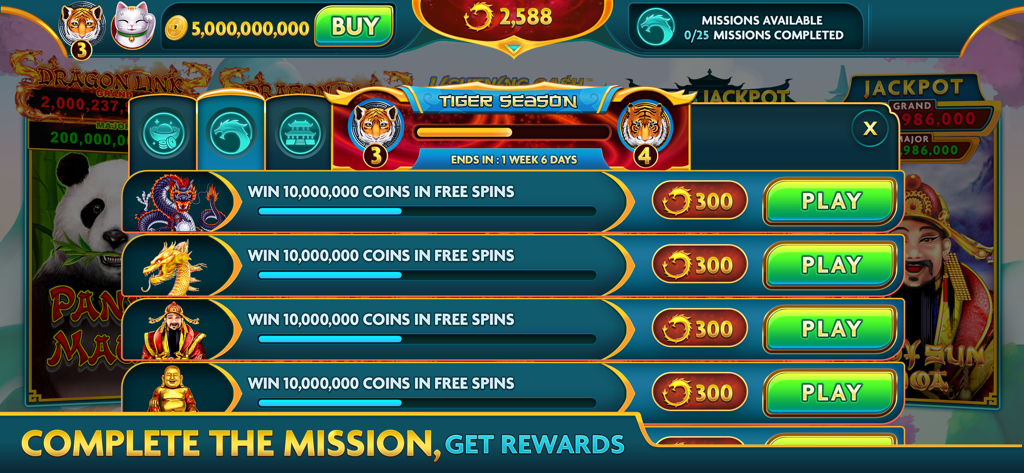 Mighty Fu Casino: Slots Game - Pantalla de misiones y recompensas diarias de Mighty Fu Casino