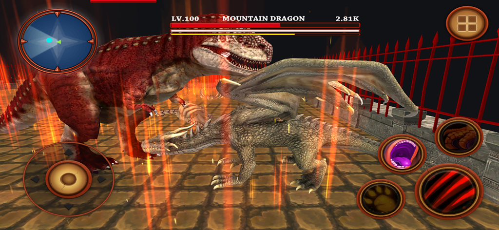 A battle between a level 100 Mountain Dragon and a red T-Rex in a survival simulator.