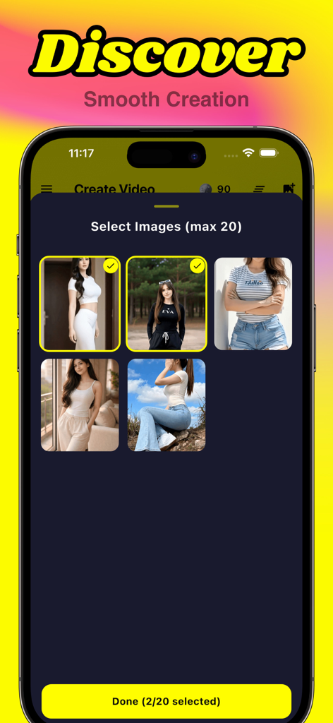 スライドショービデオを作成するための写真を選択するEmyuアプリのインターフェース。