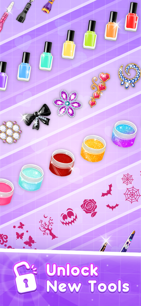 Girls Nail Salon - Nail Games - A variety of colorful nail polish bottles glitters and decorative charms to unlock in the nail salon game