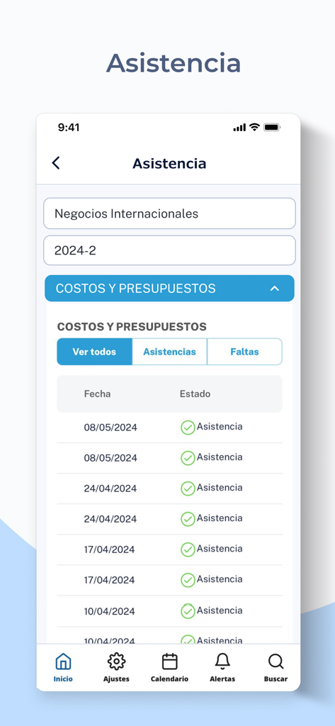 Científica Móvil - Pantalla de la aplicación Cientifica Movil que muestra la asistencia del estudiante para el programa de Negocios Internacionales