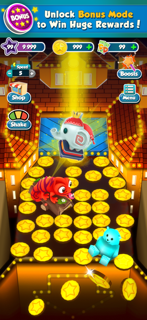 A colorful 3D coin pusher game screen with golden star coins and collectible animal prizes like an elephant and a chameleon.