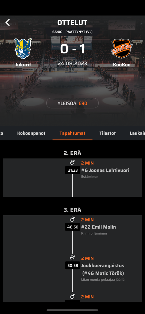 KooKoo-app - KooKoo app live match events showing the score and game timeline