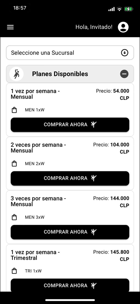 Espacio Pilates - Mobile screen showing available membership plans and pricing for Espacio Pilates classes