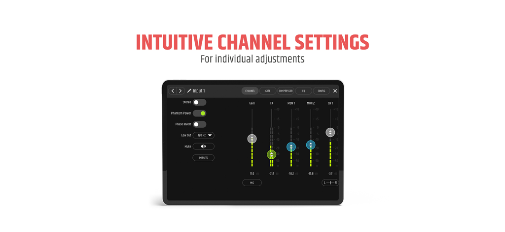 MAUI MIX - Digital mixer interface of the MAUI MIX app showing channel settings and faders on a tablet