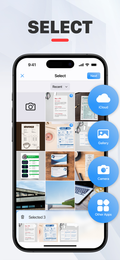 PDF Converter Image to PDF - Interface do aplicativo móvel mostrando a seleção de arquivos do iCloud, galeria e câmera para conversão em PDF