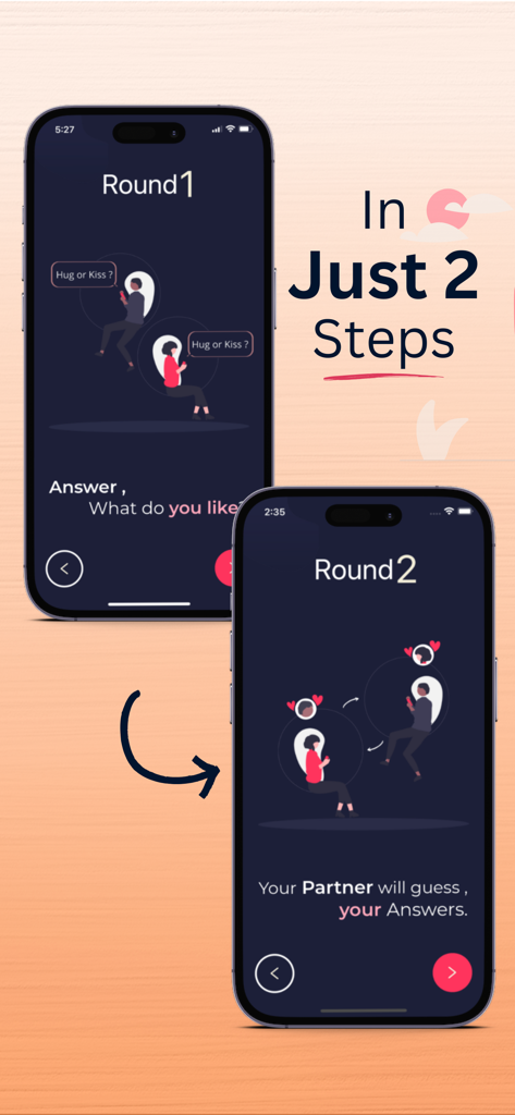 Lovify: Couple Questions Games - Lovifyのモバイルアプリインターフェースに、カップルがラウンド1で質問に答え、ラウンド2でパートナーの回答を推測する2段階のゲームが表示されている。