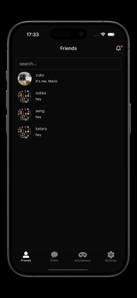aSTRING Chaos - Minimalist friends list screen in the aSTRING Chaos app featuring a dark mode design and profile snapshots.